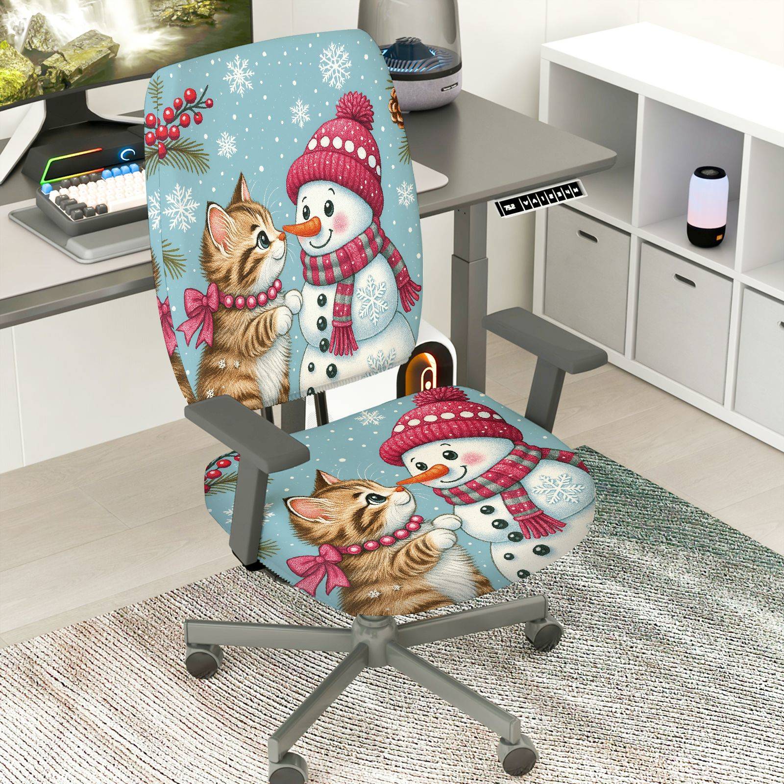2-Piece Snowman Cat Christmas Winter Holiday Festival  Computer Chair Cover Set, Seat and Backrest