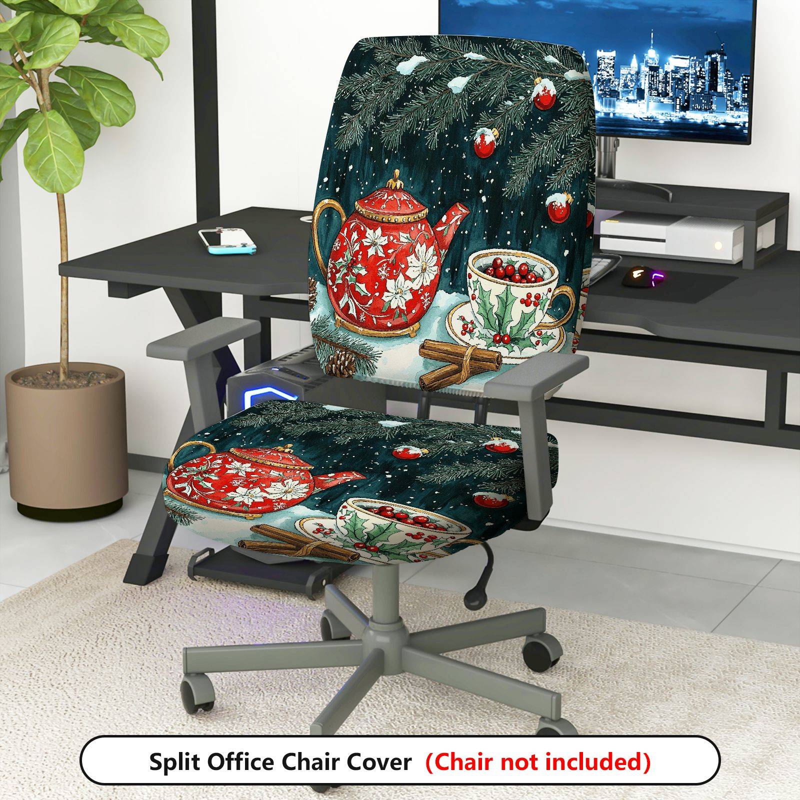 2-Piece Christmas Teapot Holly Berries Snowy Holiday  Computer Chair Cover Set, Seat and Backrest