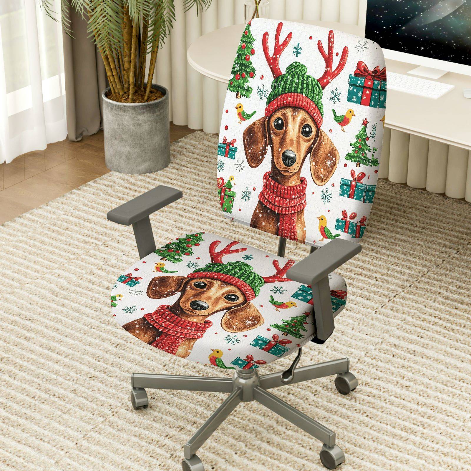 2-Piece Christmas Dog Reindeer Gift Tree Snowflakes  Computer Chair Cover Set, Seat and Backrest