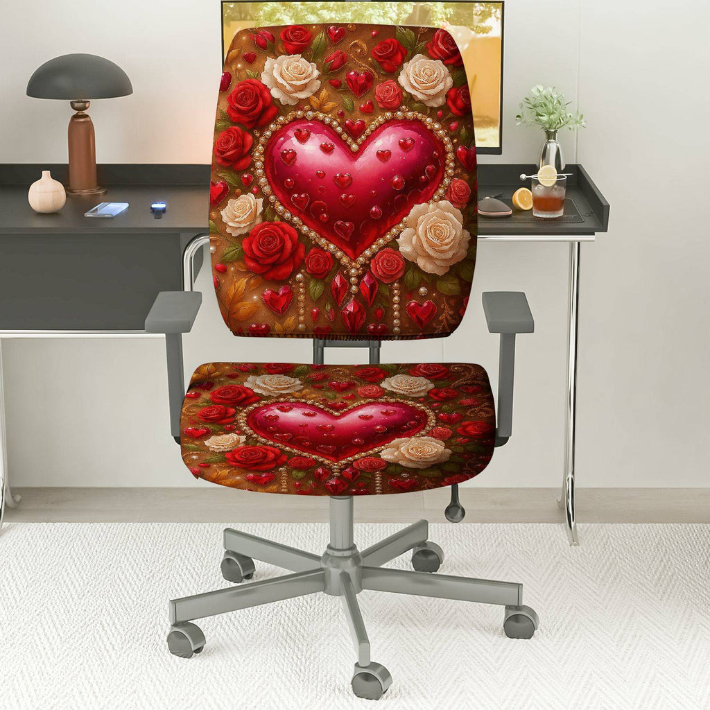 2-Piece Romantic Valentine Heart Love Rose Flower  Computer Chair Cover Set, Seat and Backrest