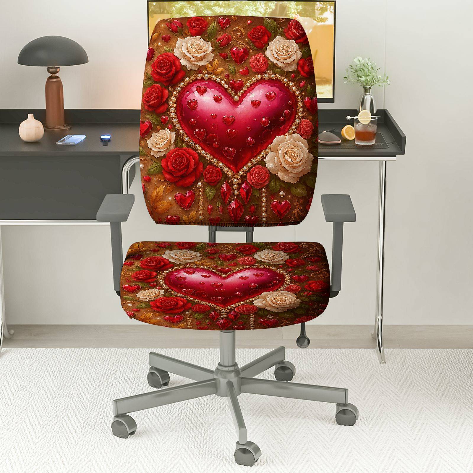 2-Piece Romantic Valentine Heart Love Rose Flower  Computer Chair Cover Set, Seat and Backrest