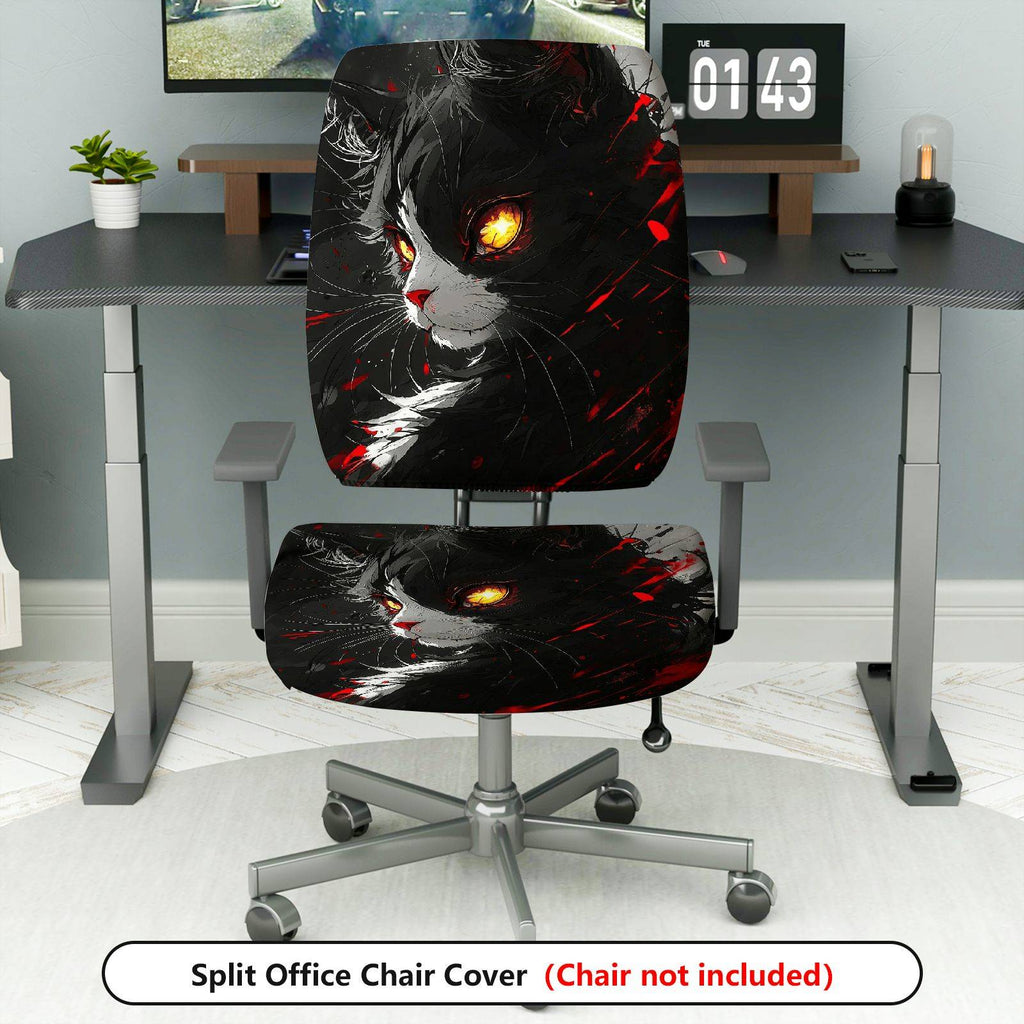 2-Piece Stylish Cat Art Red Black Abstract  Computer Chair Cover Set, Seat and Backrest