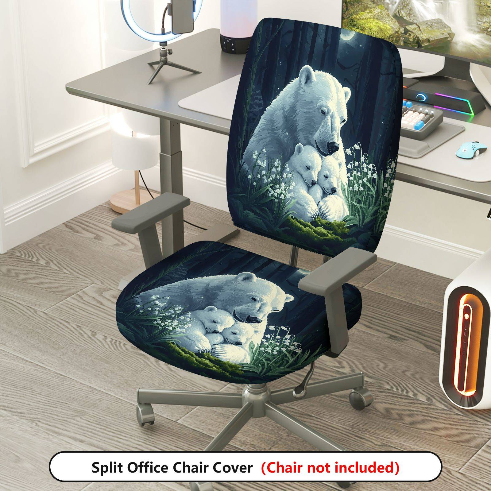 2-Piece Polar Bear Family Forest Night Scandinavian Christmas  Computer Chair Cover Set, Seat and Backrest