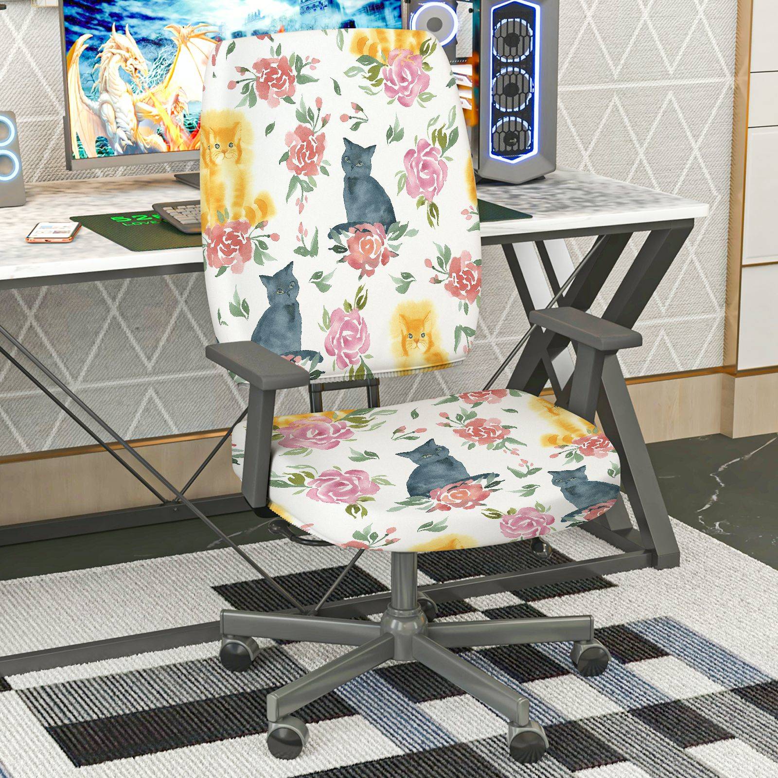 2-Piece Floral Cat Pattern Colorful Cute  Computer Chair Cover Set, Seat and Backrest