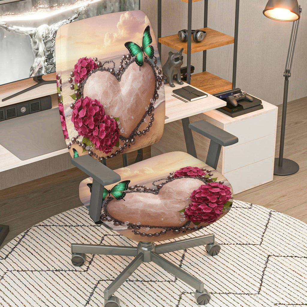 2-Piece Romantic Heart Flower Butterfly Pearl  Computer Chair Cover Set, Seat and Backrest