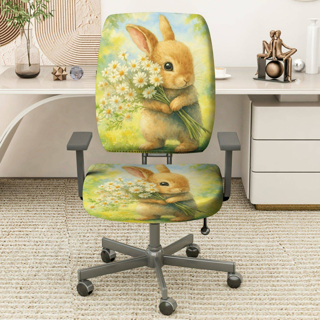2-Piece Cute Bunny Daisy Floral Spring Summer  Computer Chair Cover Set, Seat and Backrest