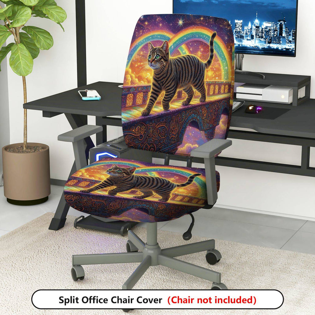 2-Piece Rainbow Starry Night Cat Fantasy Bridge  Computer Chair Cover Set, Seat and Backrest