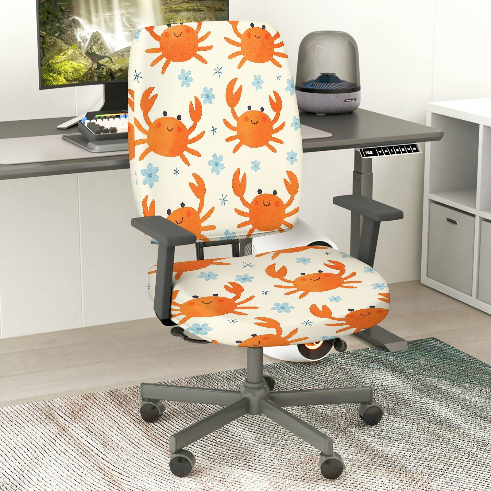 2-Piece Cute Crab Pattern  Computer Chair Cover Set, Seat and Backrest