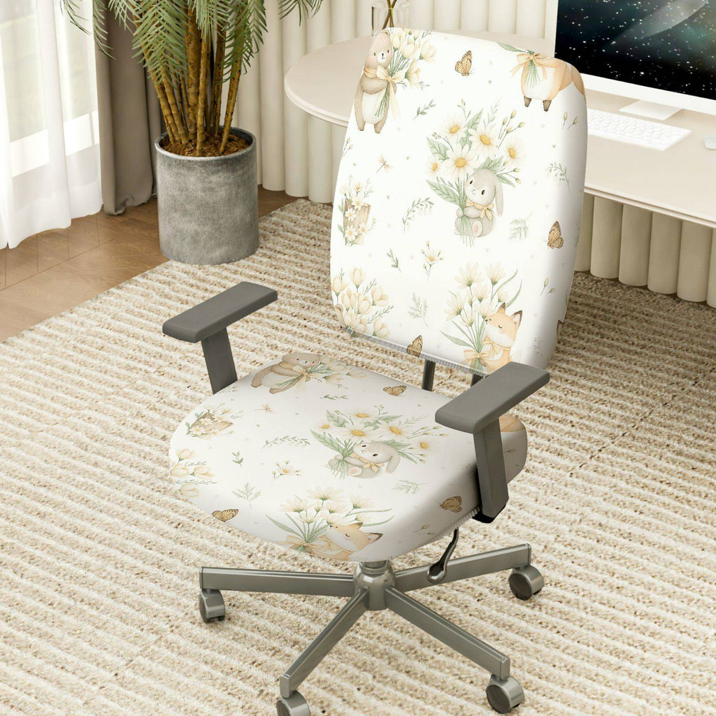 2-Piece Cute Animal Pastel Floral Spring-Inspired Decorative  Computer Chair Cover Set, Seat and Backrest