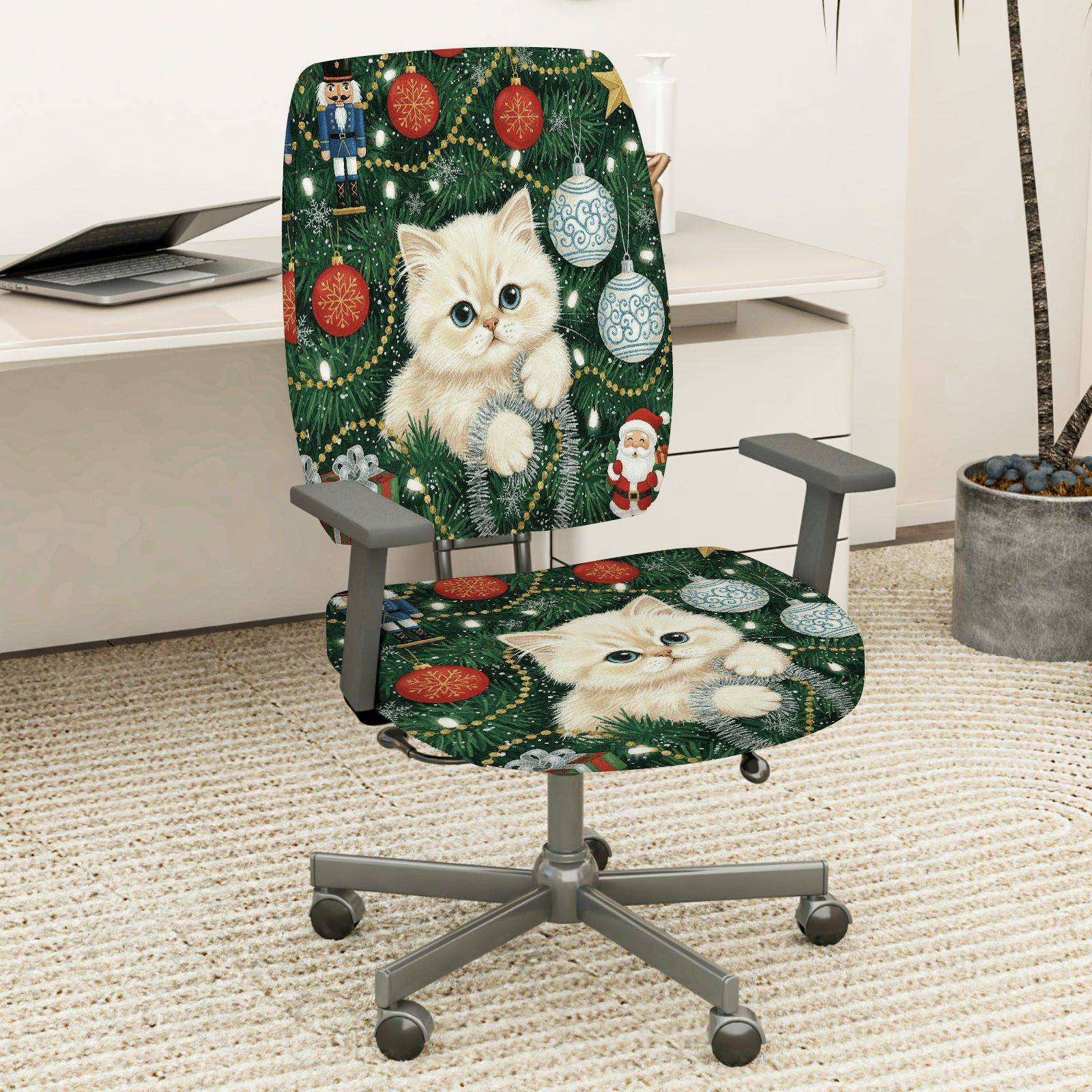 2-Piece Christmas Cute Cat Festive Ornament Santa Holiday  Computer Chair Cover Set, Seat and Backrest