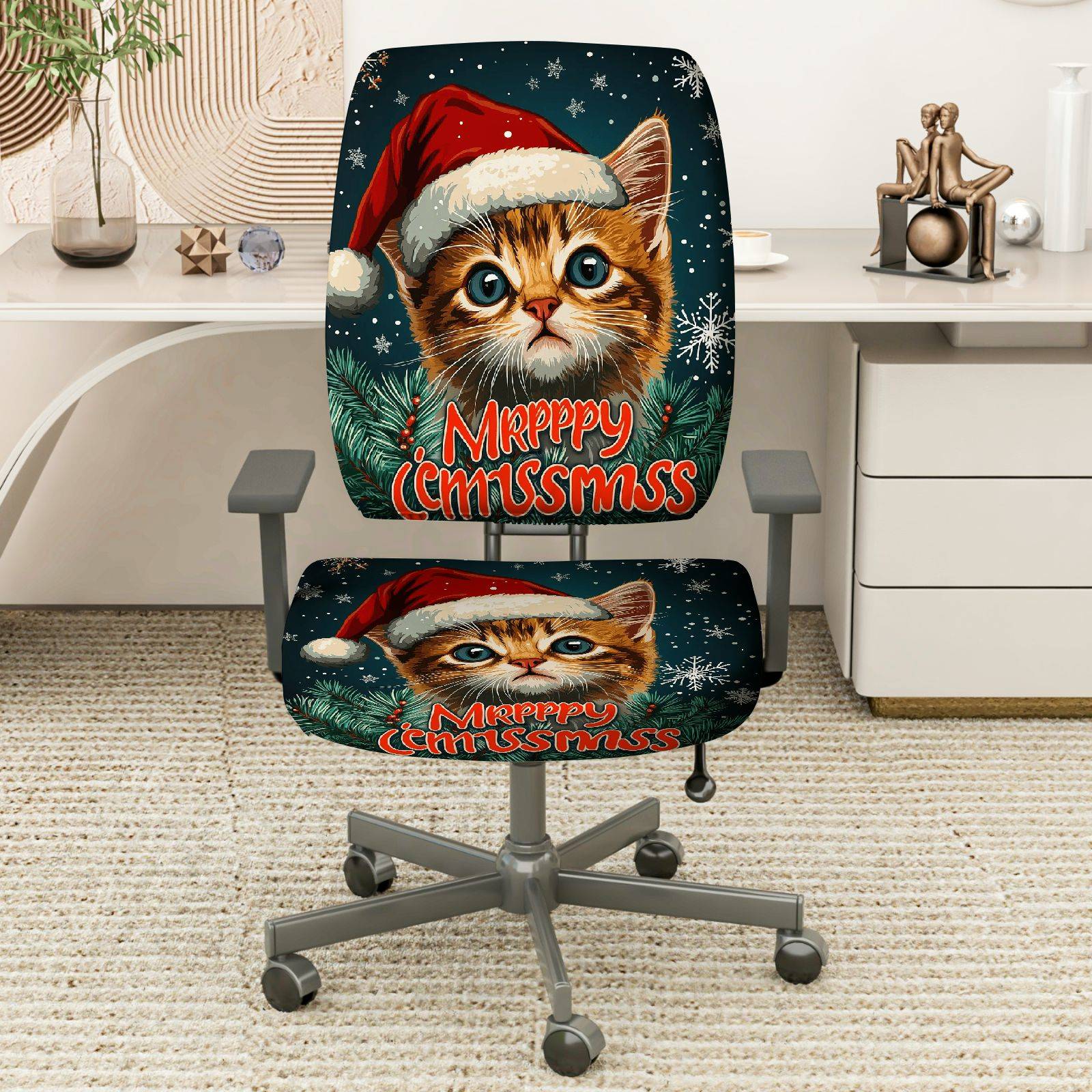2-Piece Christmas Cat Santa Hat Snow Pine Tree  Computer Chair Cover Set, Seat and Backrest