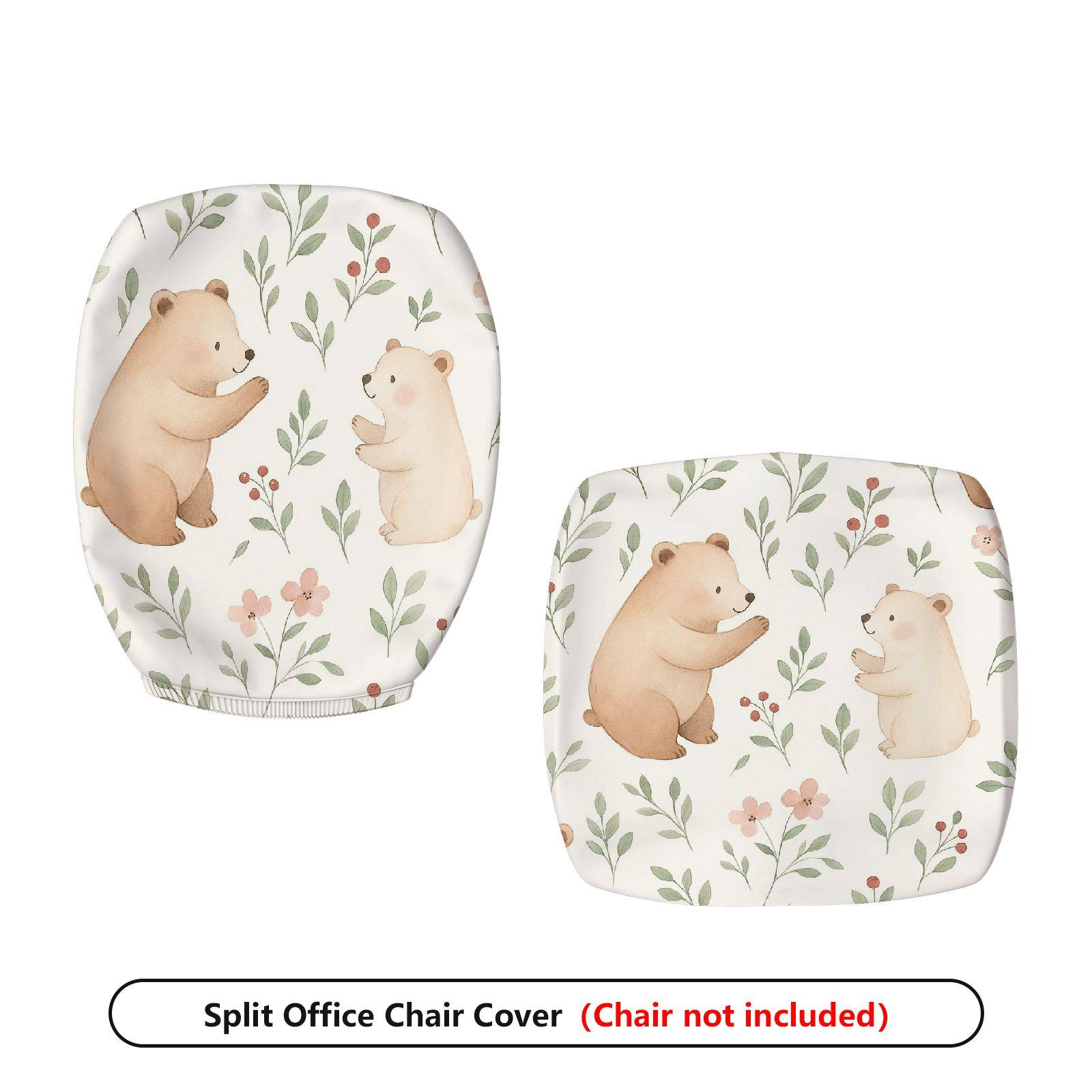 2-Piece Cute Bear Floral Nature  Computer Chair Cover Set, Seat and Backrest