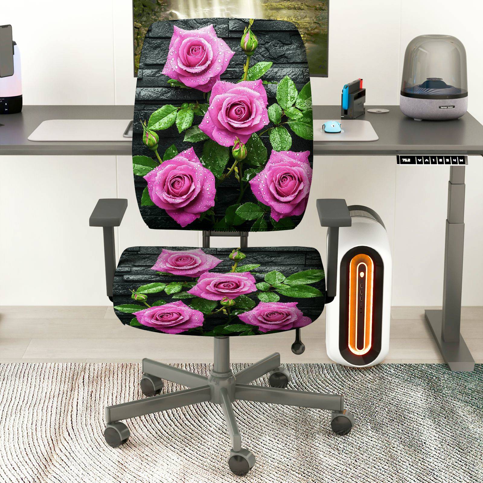 2-Piece Floral Rose Pink Green Black Sophisticated  Computer Chair Cover Set, Seat and Backrest
