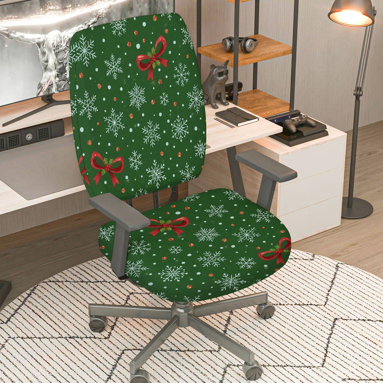 2-Piece Christmas Holiday Festive Snowflake Bow  Computer Chair Cover Set, Seat and Backrest