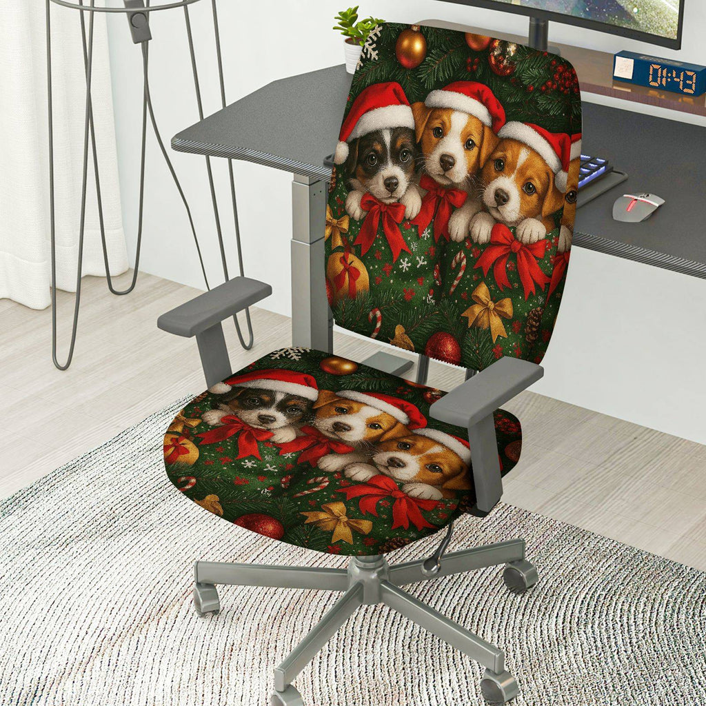 2-Piece Christmas Dog Santa Hat Festive Decoration Holiday  Computer Chair Cover Set, Seat and Backrest