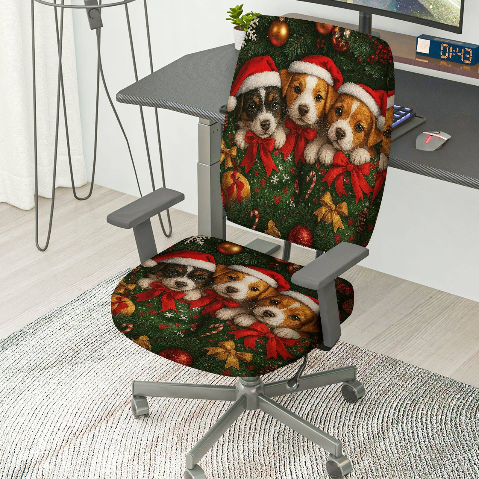 2-Piece Christmas Dog Santa Hat Festive Decoration Holiday  Computer Chair Cover Set, Seat and Backrest