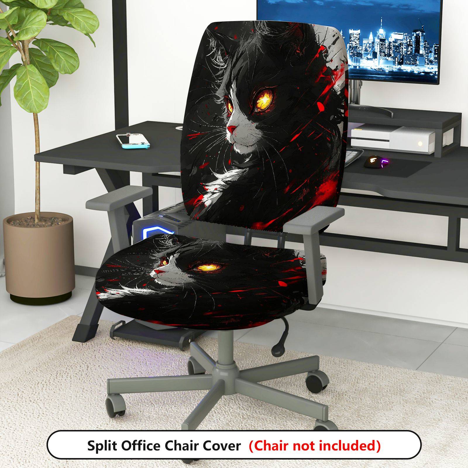 2-Piece Stylish Cat Art Red Black Abstract  Computer Chair Cover Set, Seat and Backrest
