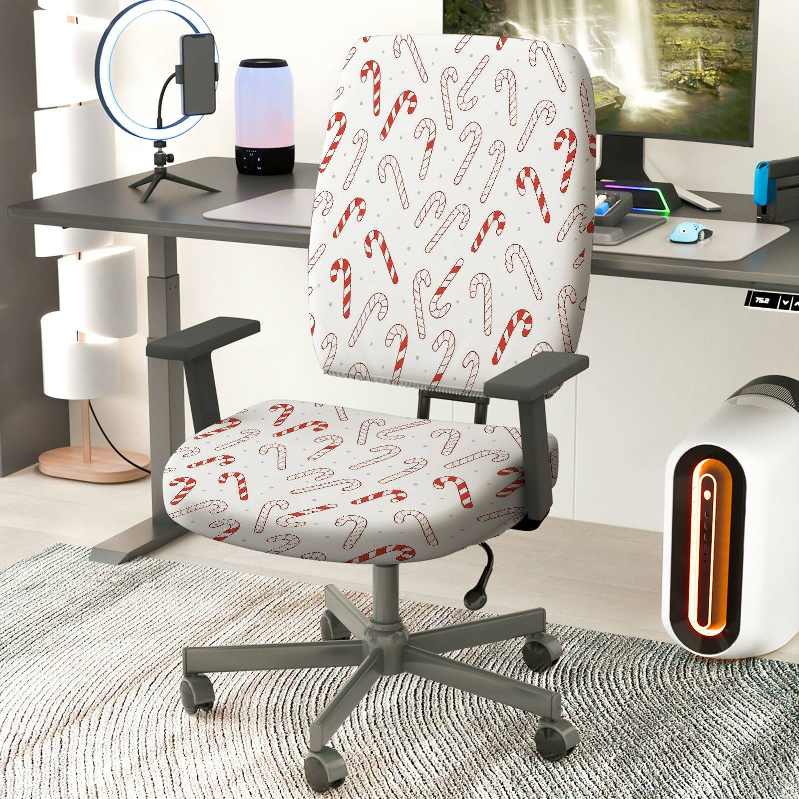2-Piece Christmas Candy Cane Festive Holiday Printed  Computer Chair Cover Set, Seat and Backrest