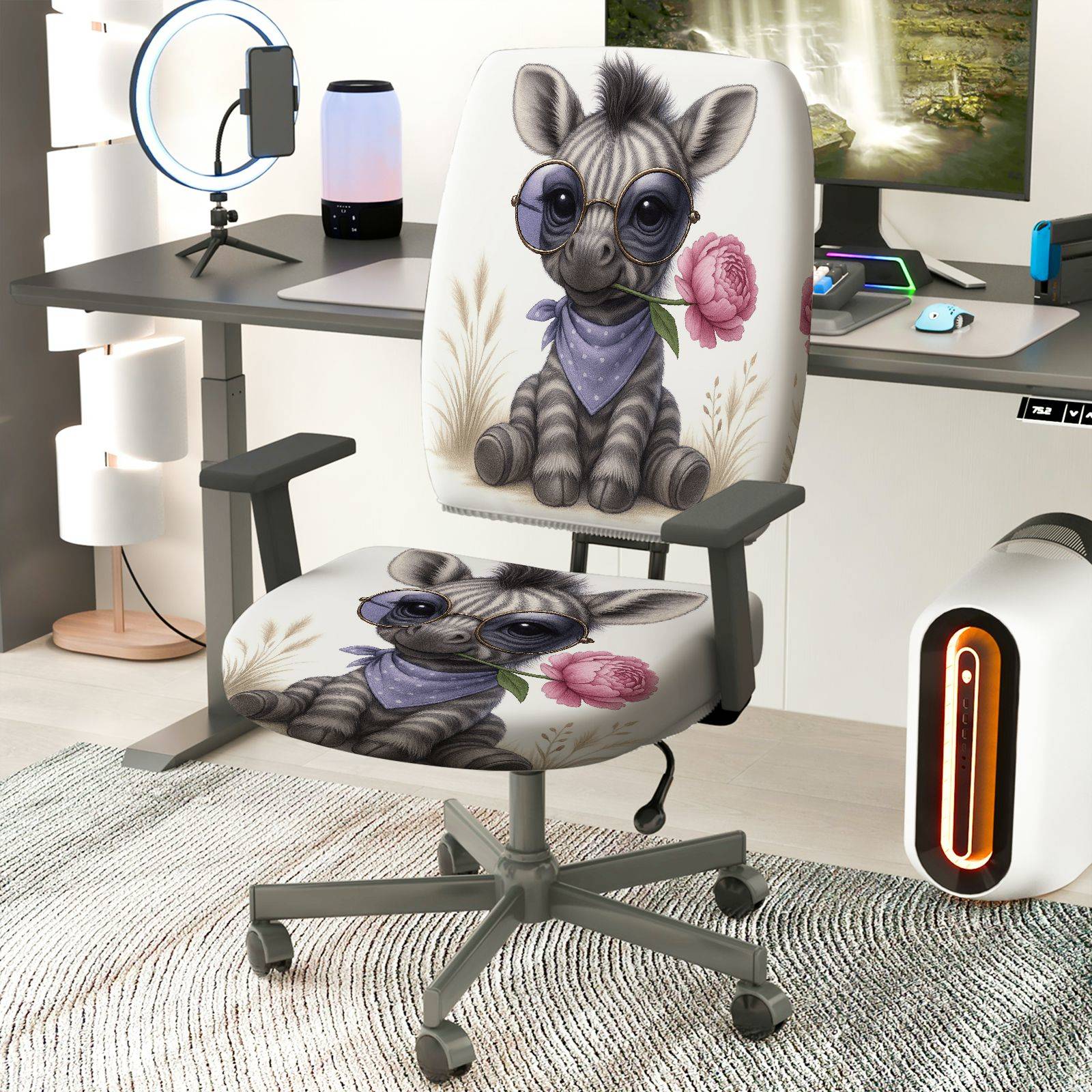 2-Piece Cute Animal Floral Pattern  Computer Chair Cover Set, Seat and Backrest