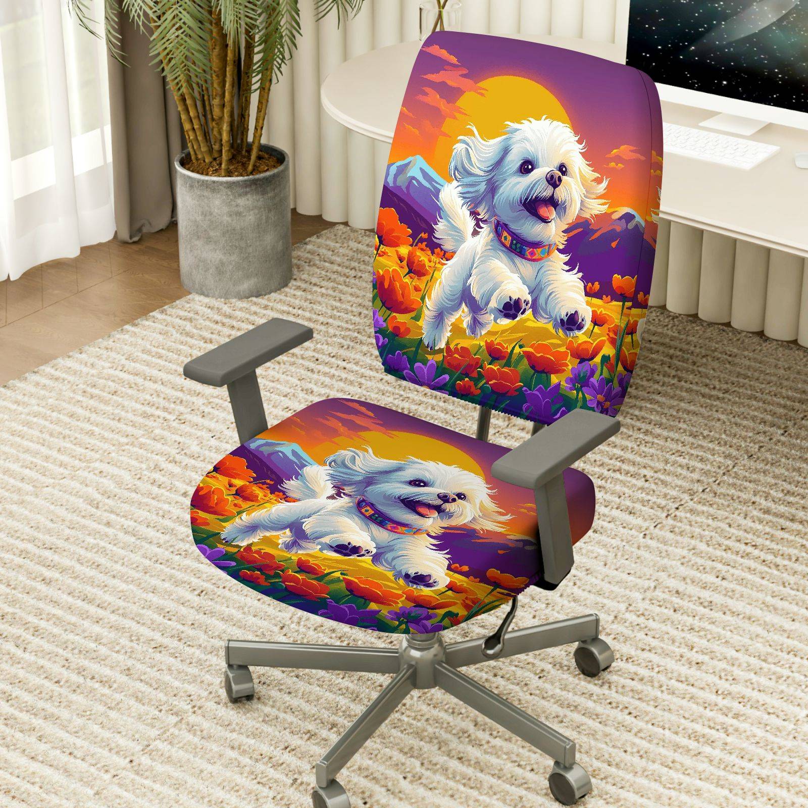 2-Piece Cute Dog Mountain Sunset Flowers Colorful  Computer Chair Cover Set, Seat and Backrest