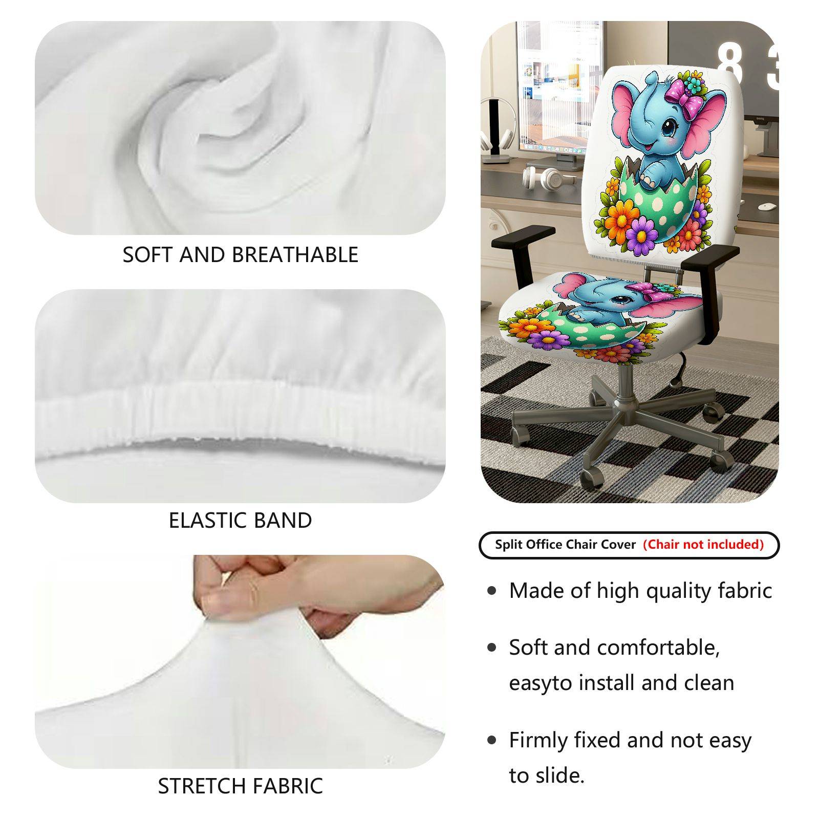 2-Piece Cute Colorful Floral Happy Easter  Computer Chair Cover Set, Seat and Backrest