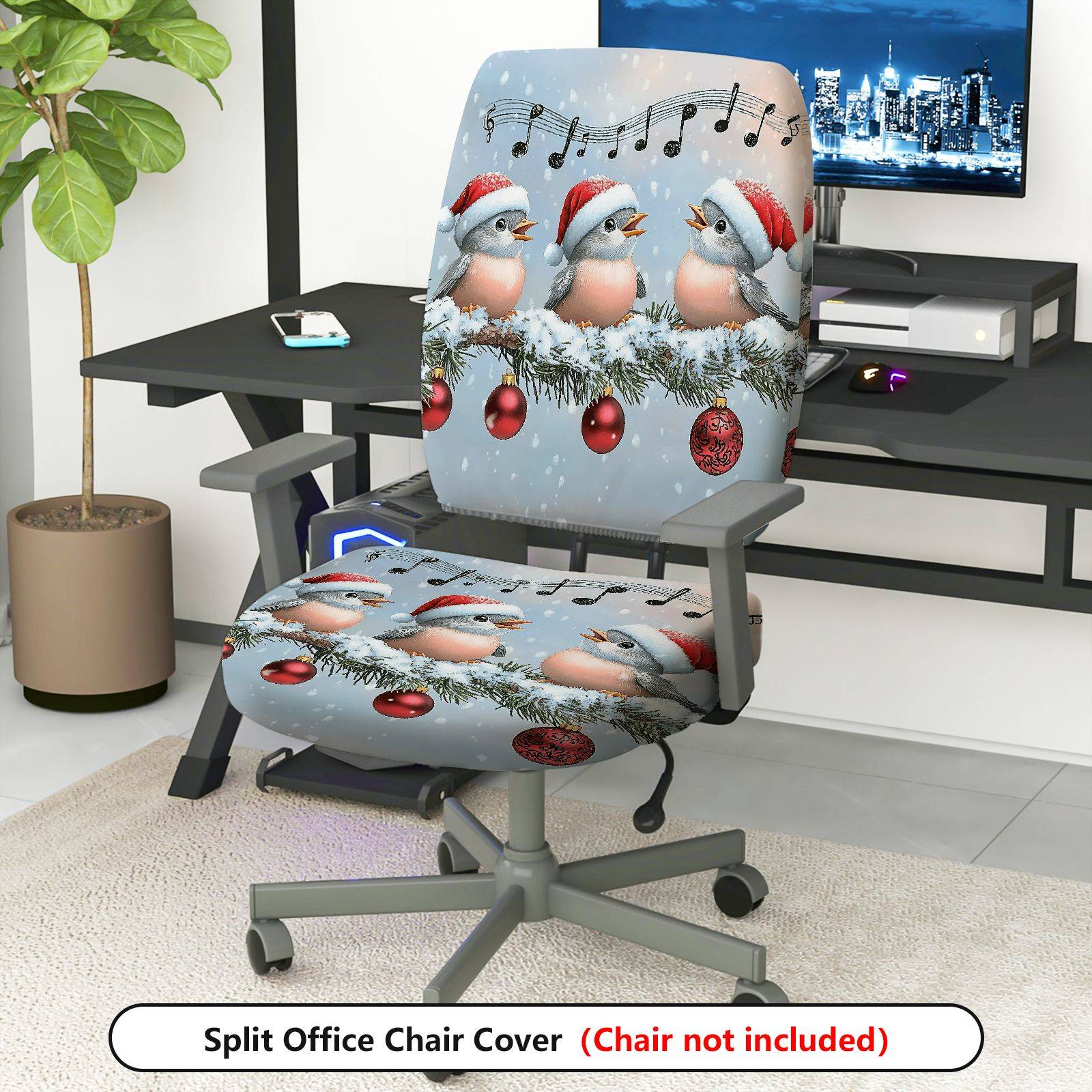 2-Piece Christmas Bird Music Snow Holiday  Computer Chair Cover Set, Seat and Backrest