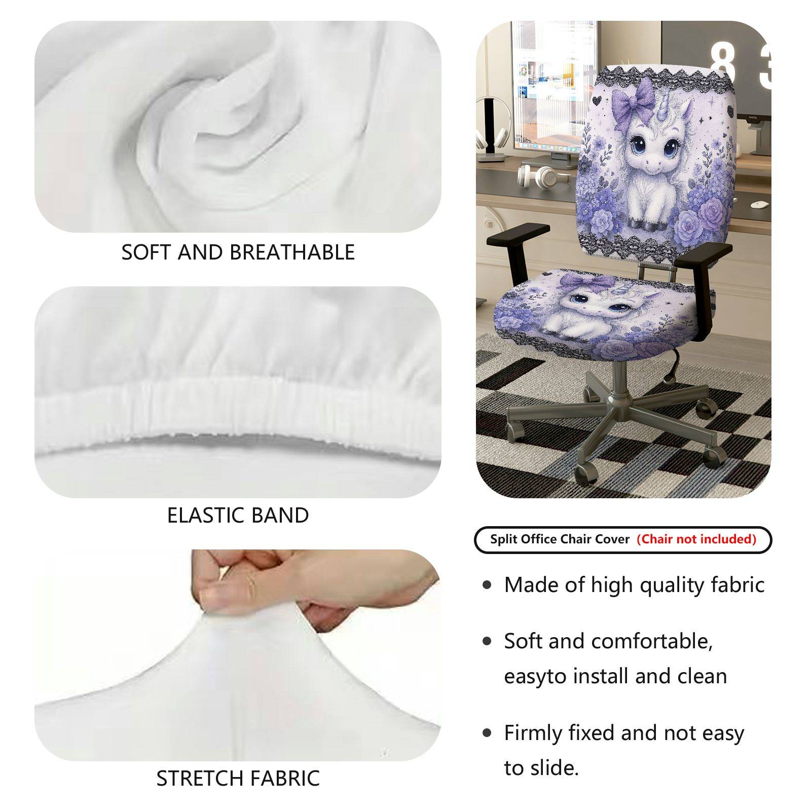 2-Piece Unicorn Floral Cute Purple Fantasy  Computer Chair Cover Set, Seat and Backrest