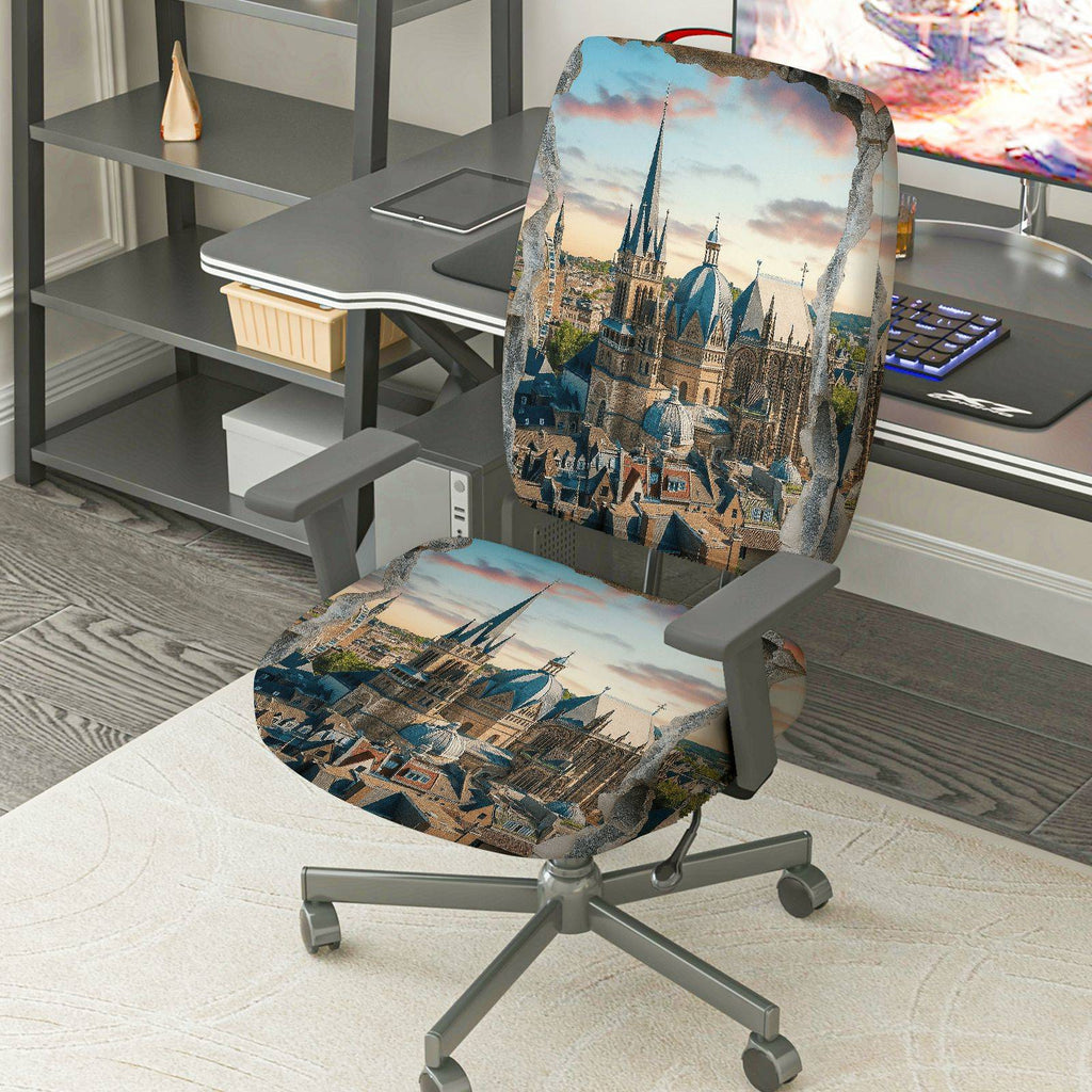 2-Piece Cathedral Landscape Architecture Travel Art  Computer Chair Cover Set, Seat and Backrest