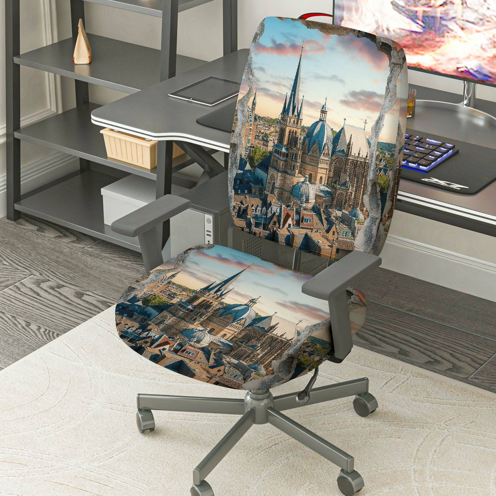 2-Piece Cathedral Landscape Architecture Travel Art  Computer Chair Cover Set, Seat and Backrest