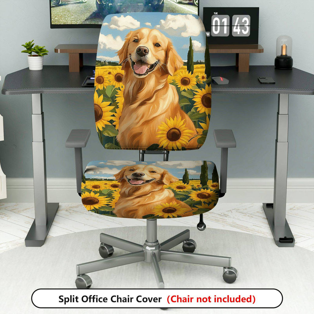 2-Piece Dog Sunflower Nature Landscape Happy Pet Golden Retriever  Computer Chair Cover Set, Seat and Backrest
