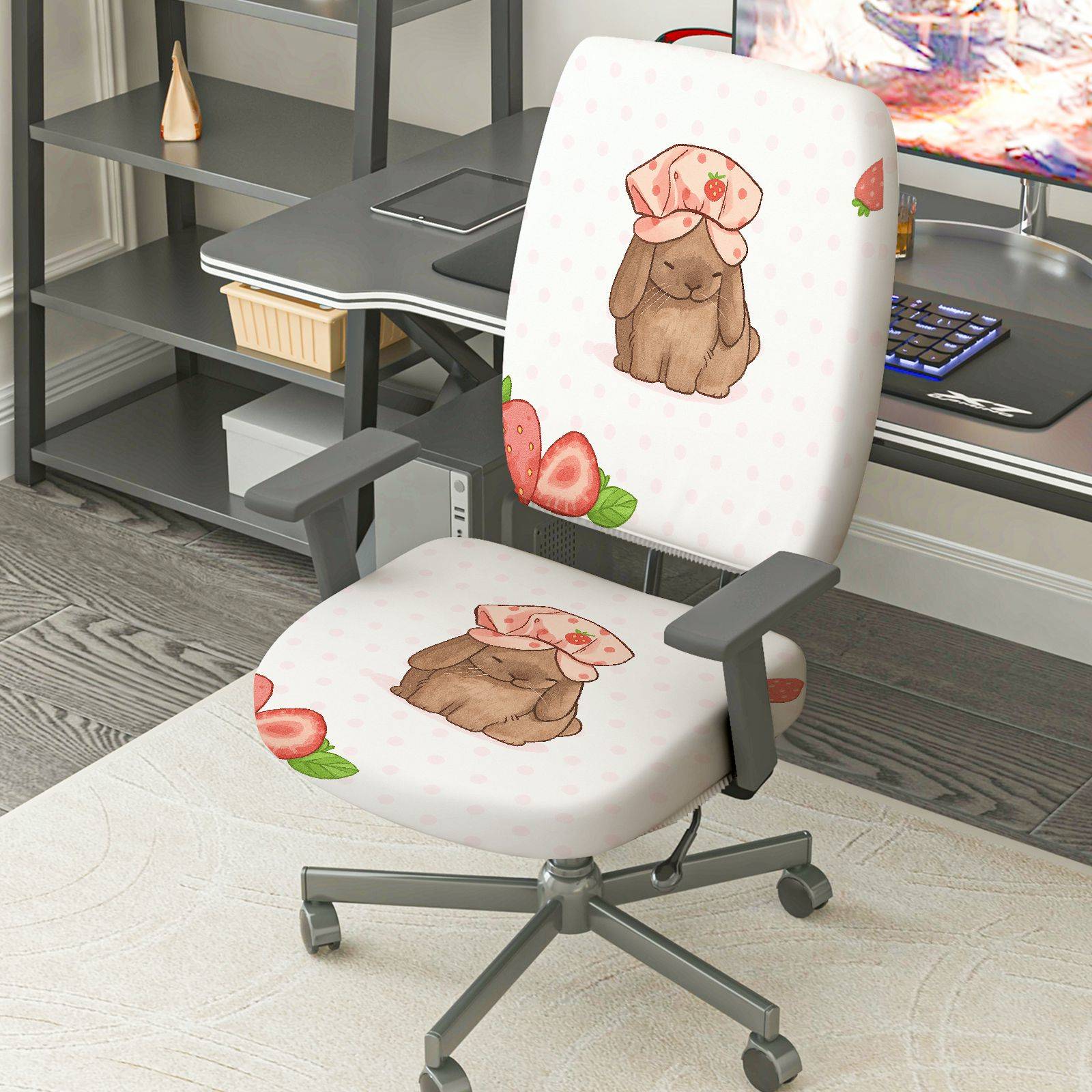 2-Piece Cute Bunny Strawberry Pink Polka Dot  Computer Chair Cover Set, Seat and Backrest