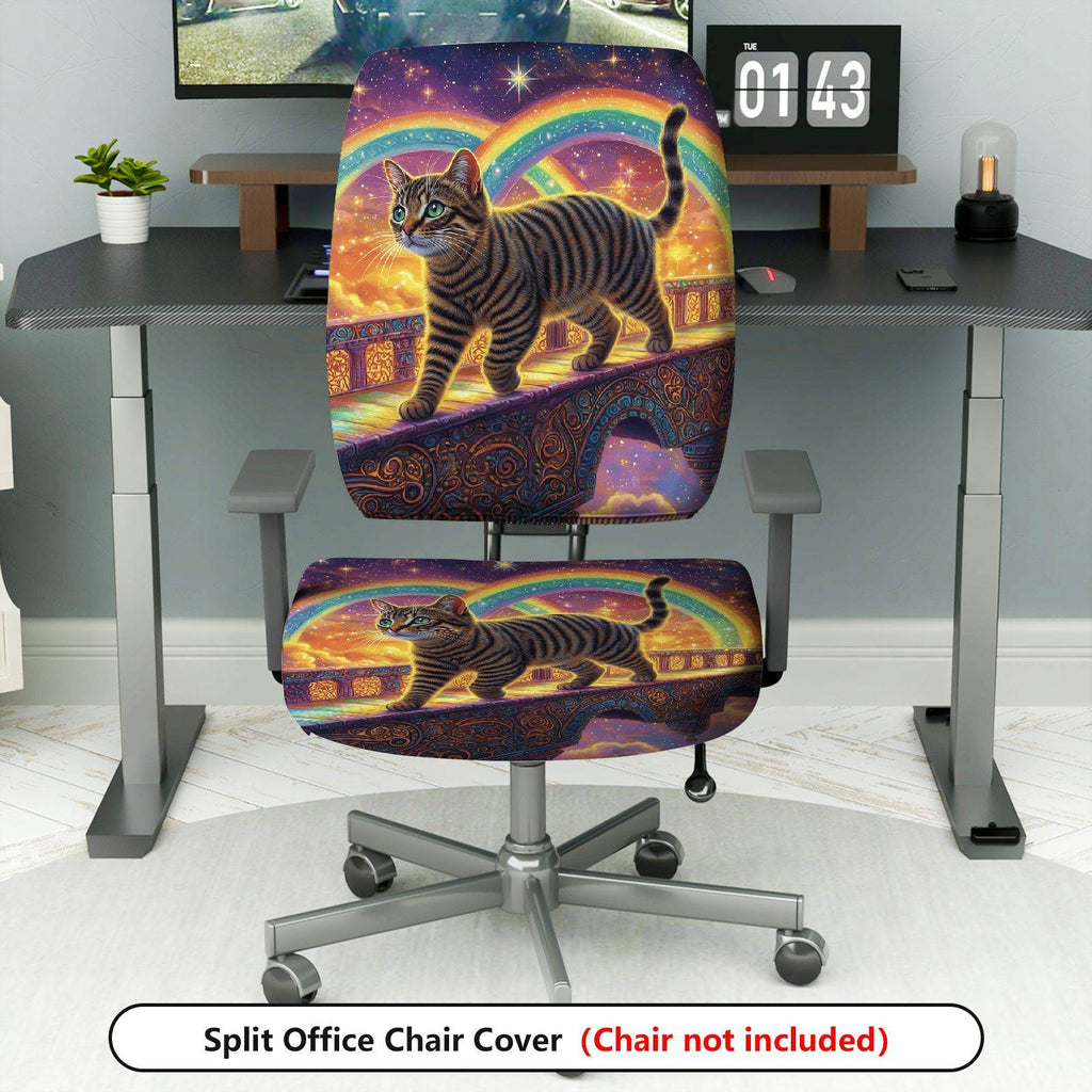 2-Piece Rainbow Starry Night Cat Fantasy Bridge  Computer Chair Cover Set, Seat and Backrest