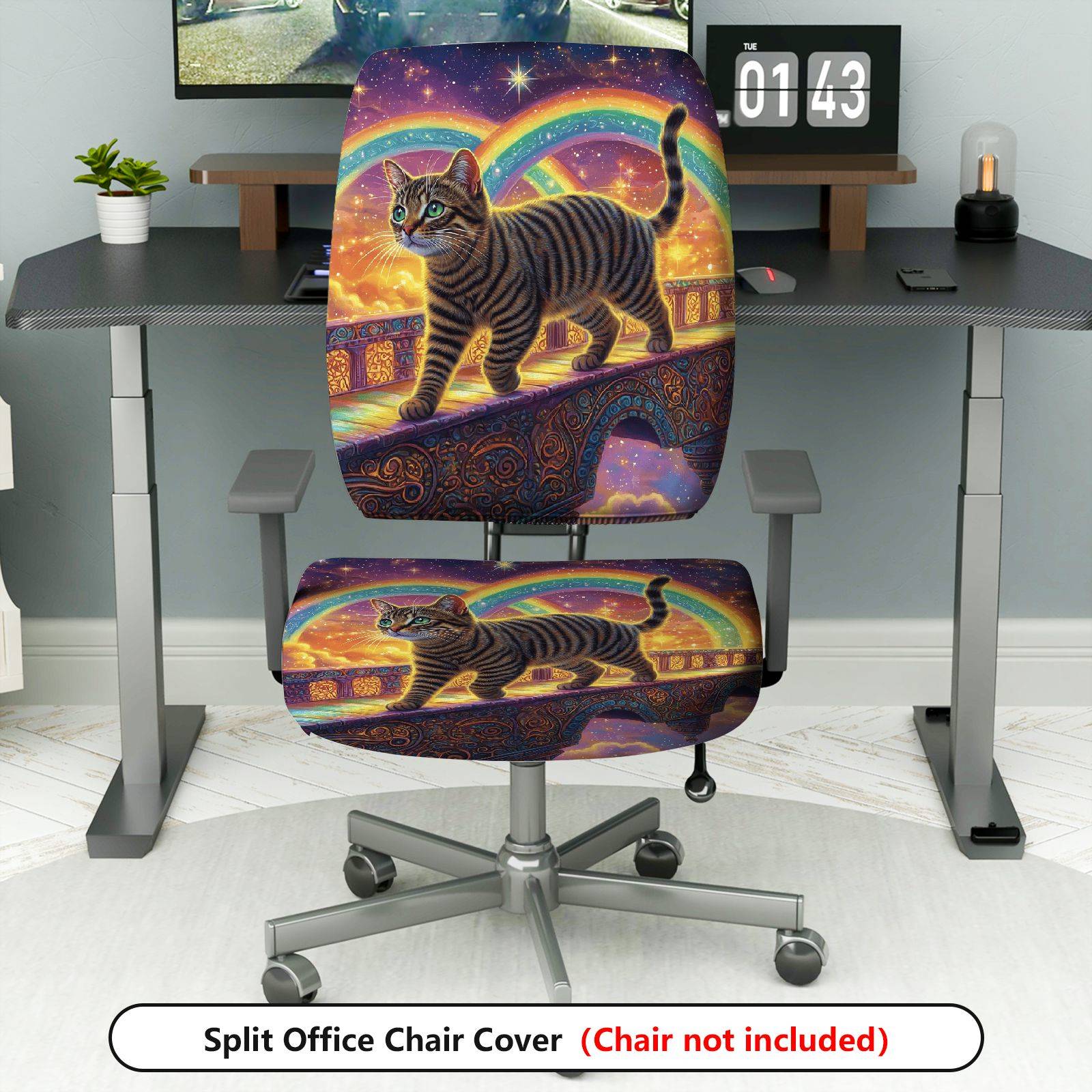 2-Piece Rainbow Starry Night Cat Fantasy Bridge  Computer Chair Cover Set, Seat and Backrest