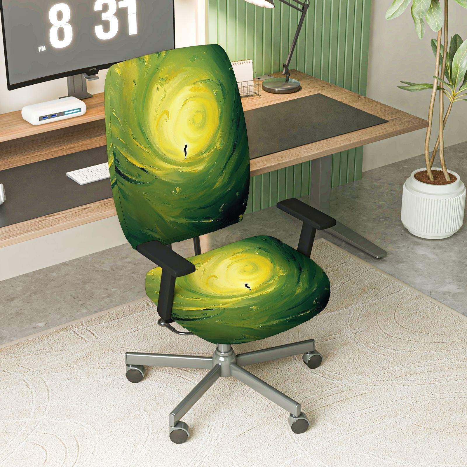 2-Piece Abstract Swirl Art Green Yellow  Computer Chair Cover Set, Seat and Backrest