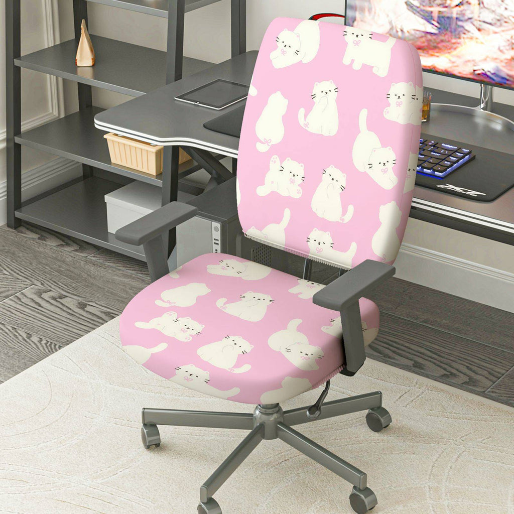 2-Piece Pink Cat Pattern Cute Decorative  Computer Chair Cover Set, Seat and Backrest