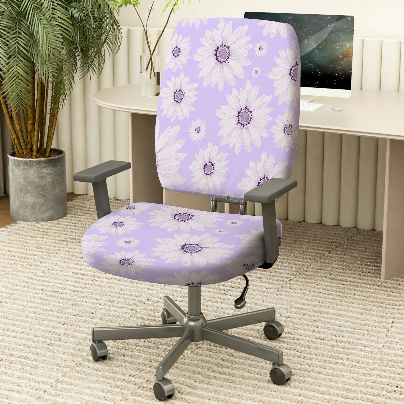 2-Piece Floral Purple Daisy Pattern  Computer Chair Cover Set, Seat and Backrest
