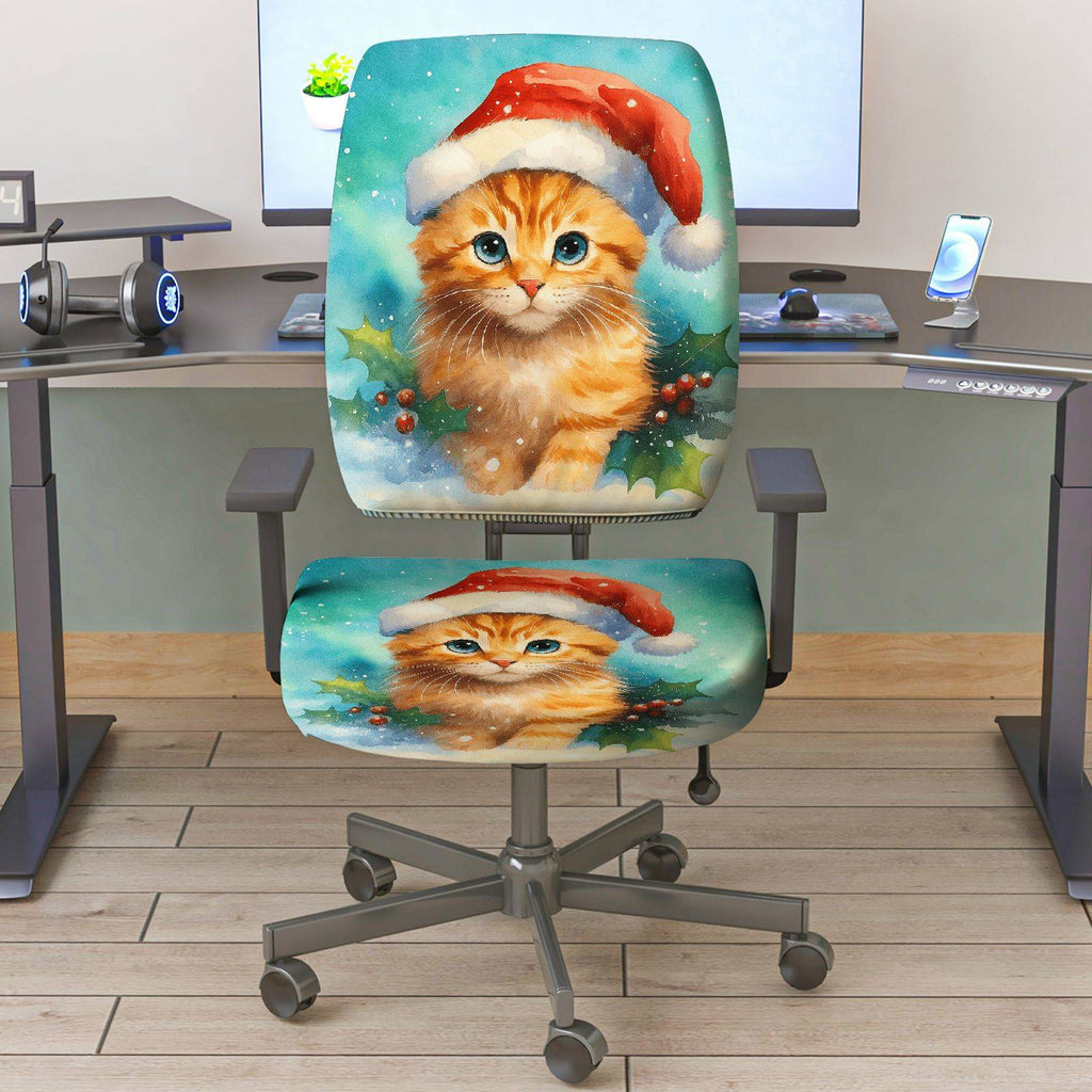 2-Piece Christmas Santa Cat Holly Snow Winter  Computer Chair Cover Set, Seat and Backrest