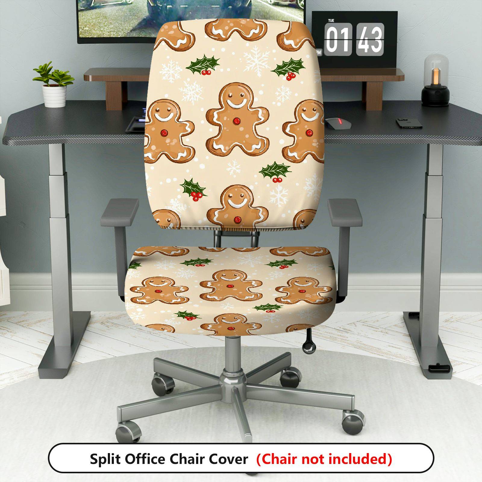 2-Piece Gingerbread Snowflakes Holly Christmas Festive  Computer Chair Cover Set, Seat and Backrest