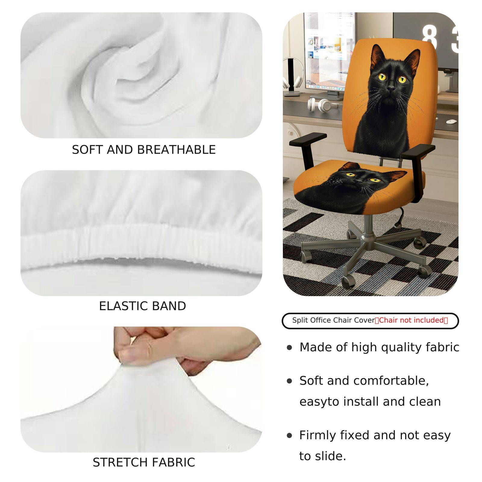 2-Piece Black cat animal portrait art stylish  Computer Chair Cover Set, Seat and Backrest