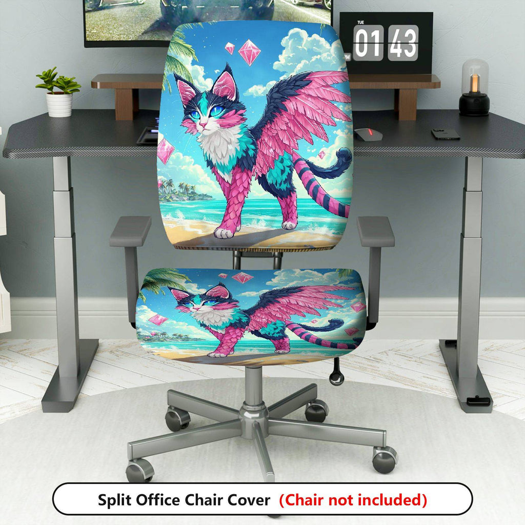 2-Piece Fantasy Cat Beach Wing Vibrant Diamond  Computer Chair Cover Set, Seat and Backrest