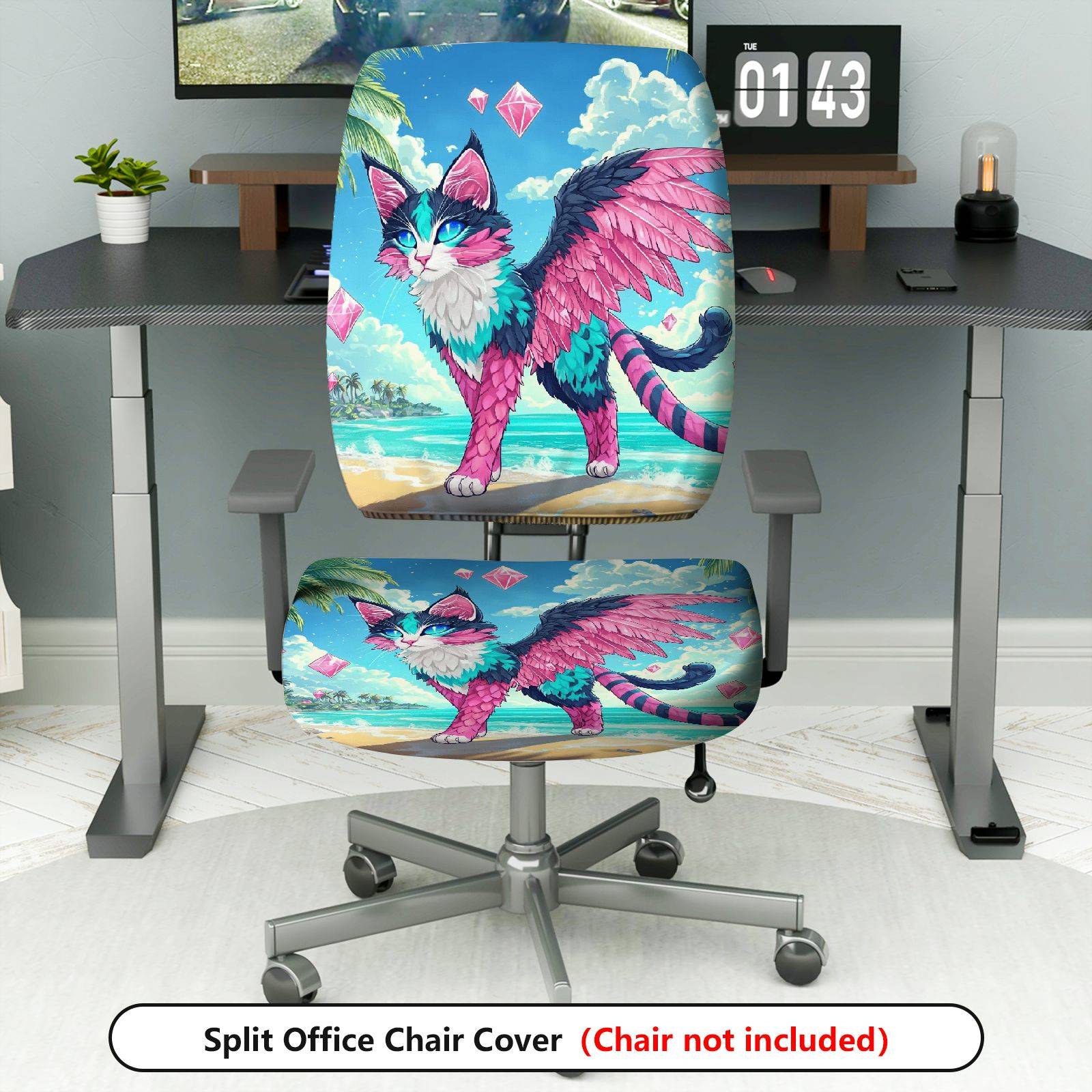 2-Piece Fantasy Cat Beach Wing Vibrant Diamond  Computer Chair Cover Set, Seat and Backrest
