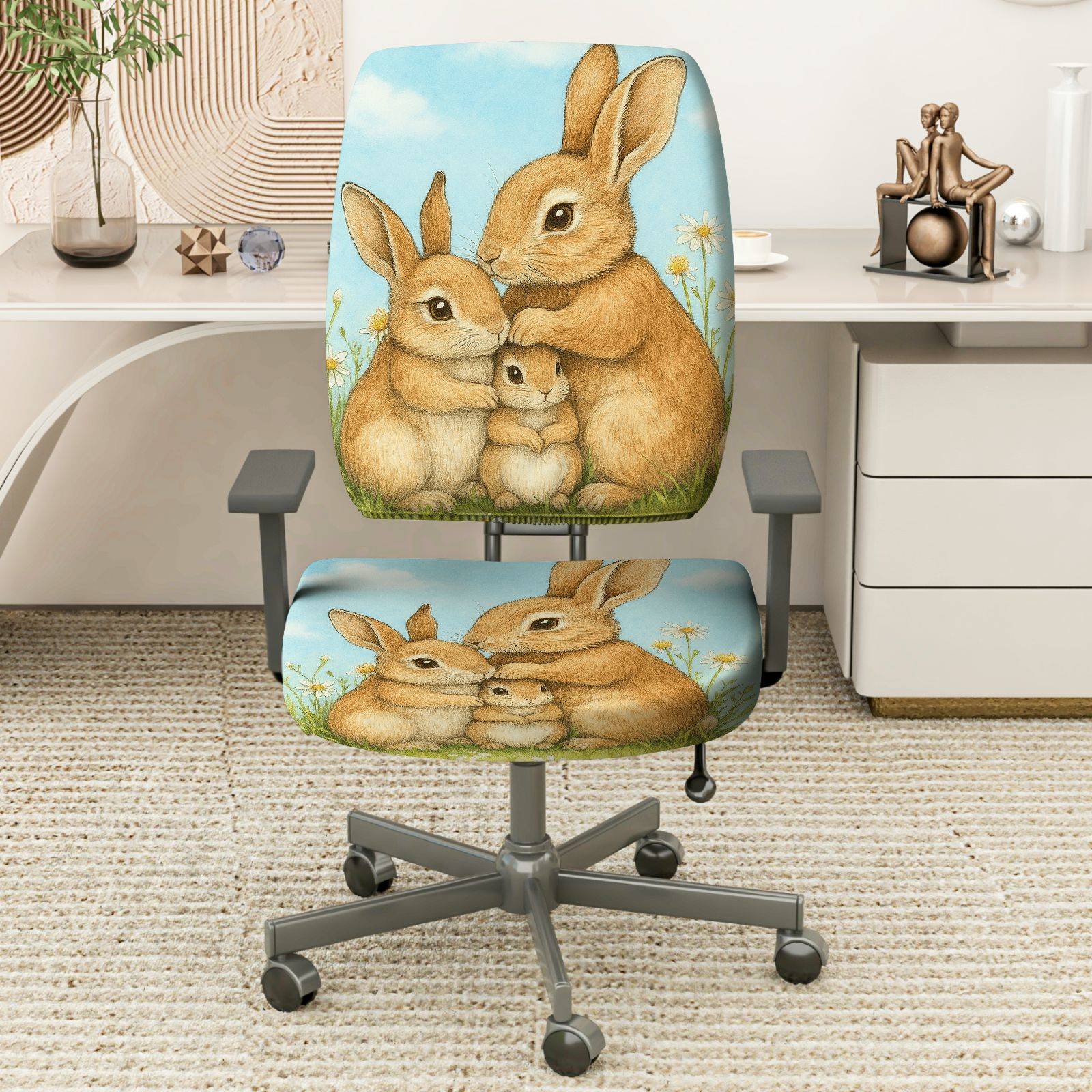 2-Piece Cute Rabbit Family Spring Pastoral Nature Art  Computer Chair Cover Set, Seat and Backrest