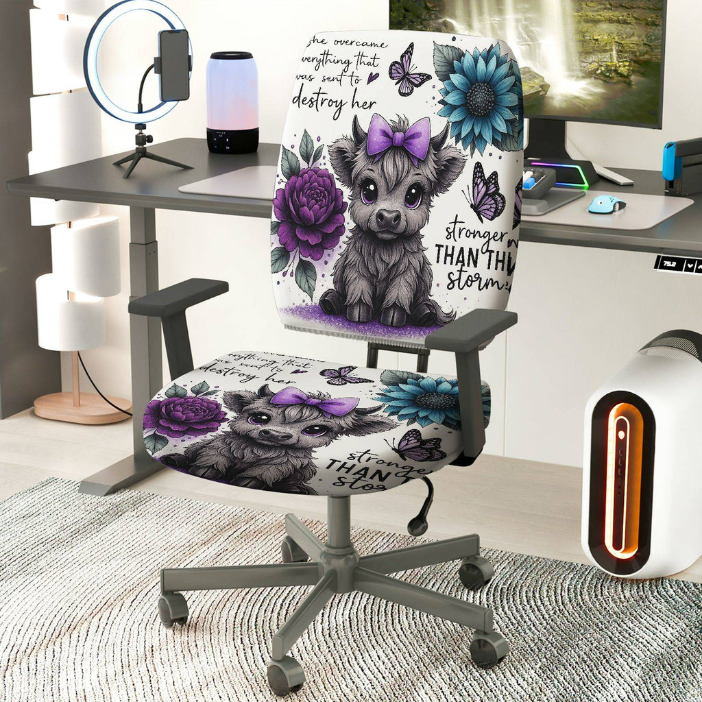 2-Piece Cute Cow Butterfly Floral  Computer Chair Cover Set, Seat and Backrest