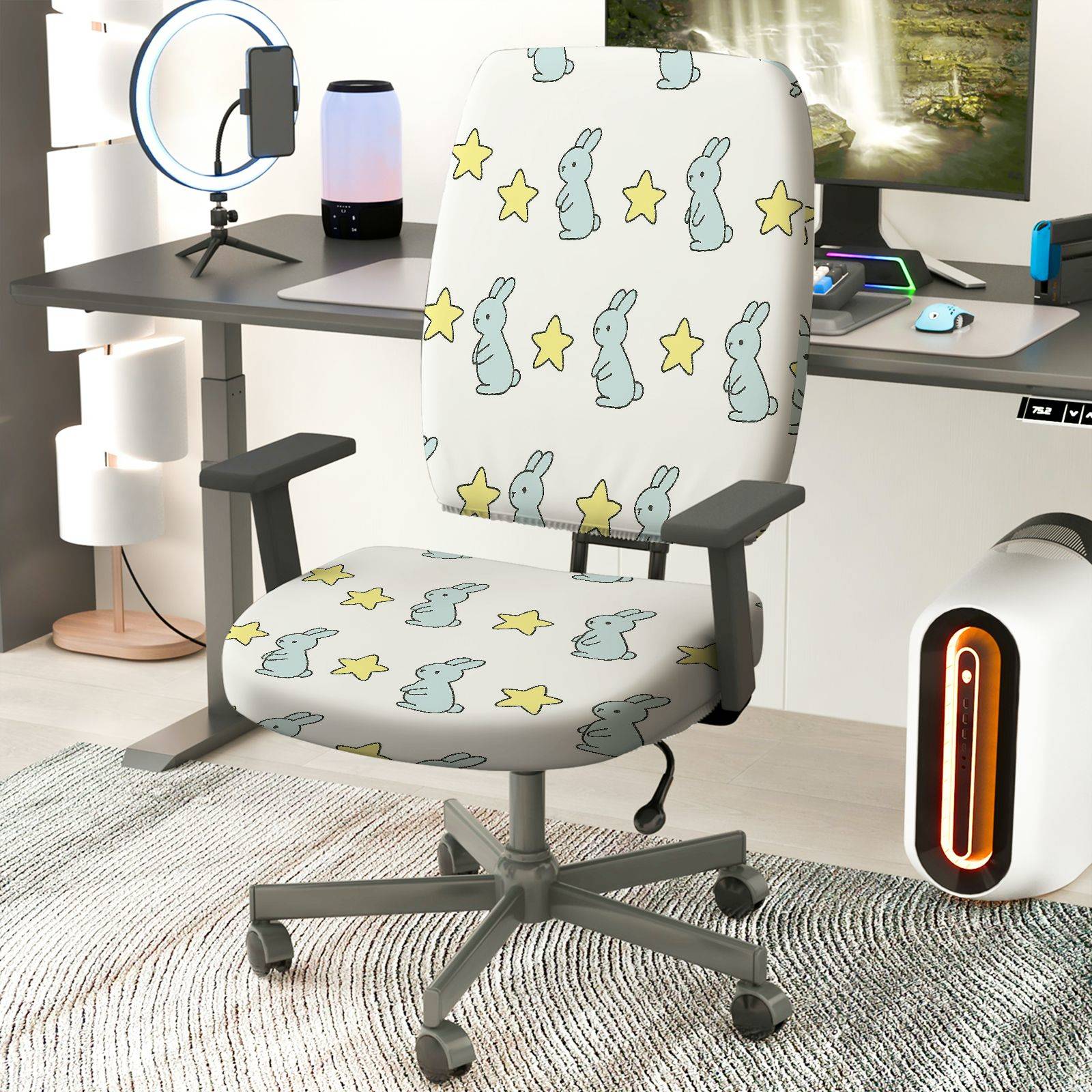 2-Piece Cute Rabbit Star Pattern Home Decor Furniture  Computer Chair Cover Set, Seat and Backrest