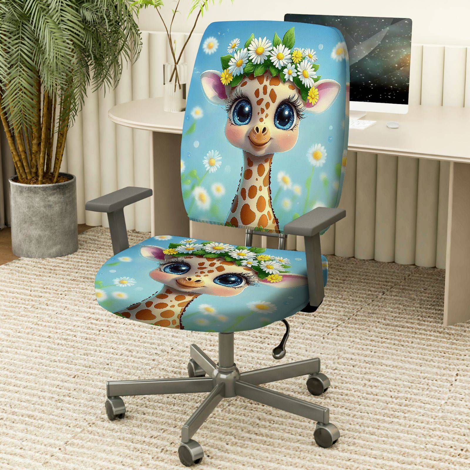 2-Piece Cute Giraffe Flower Decor Animal  Computer Chair Cover Set, Seat and Backrest