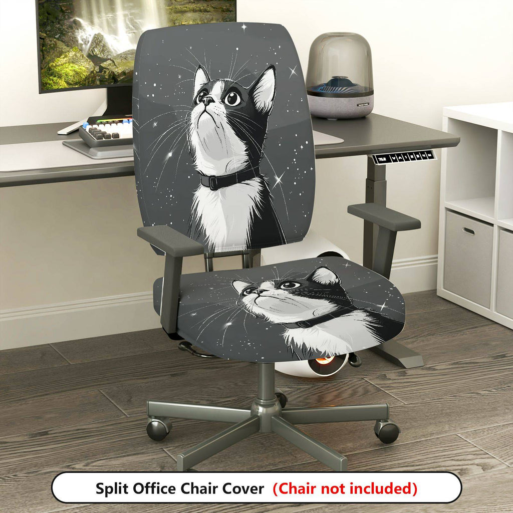 2-Piece Cute Cat Starry Sky Gray Black  Computer Chair Cover Set, Seat and Backrest
