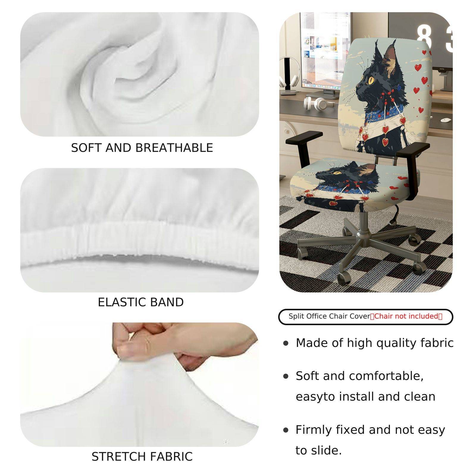 2-Piece Black Cat Heart Collar Cute Decorative  Computer Chair Cover Set, Seat and Backrest