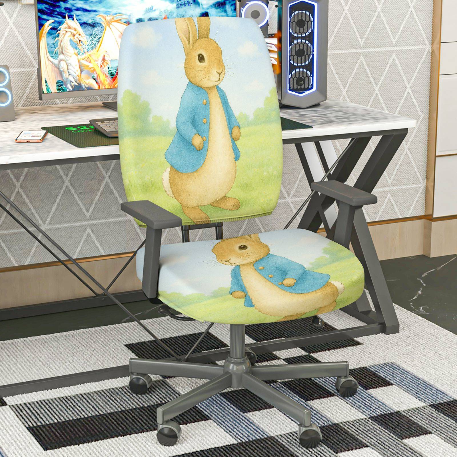 2-Piece Cute Animal Rabbit Blue Green  Computer Chair Cover Set, Seat and Backrest