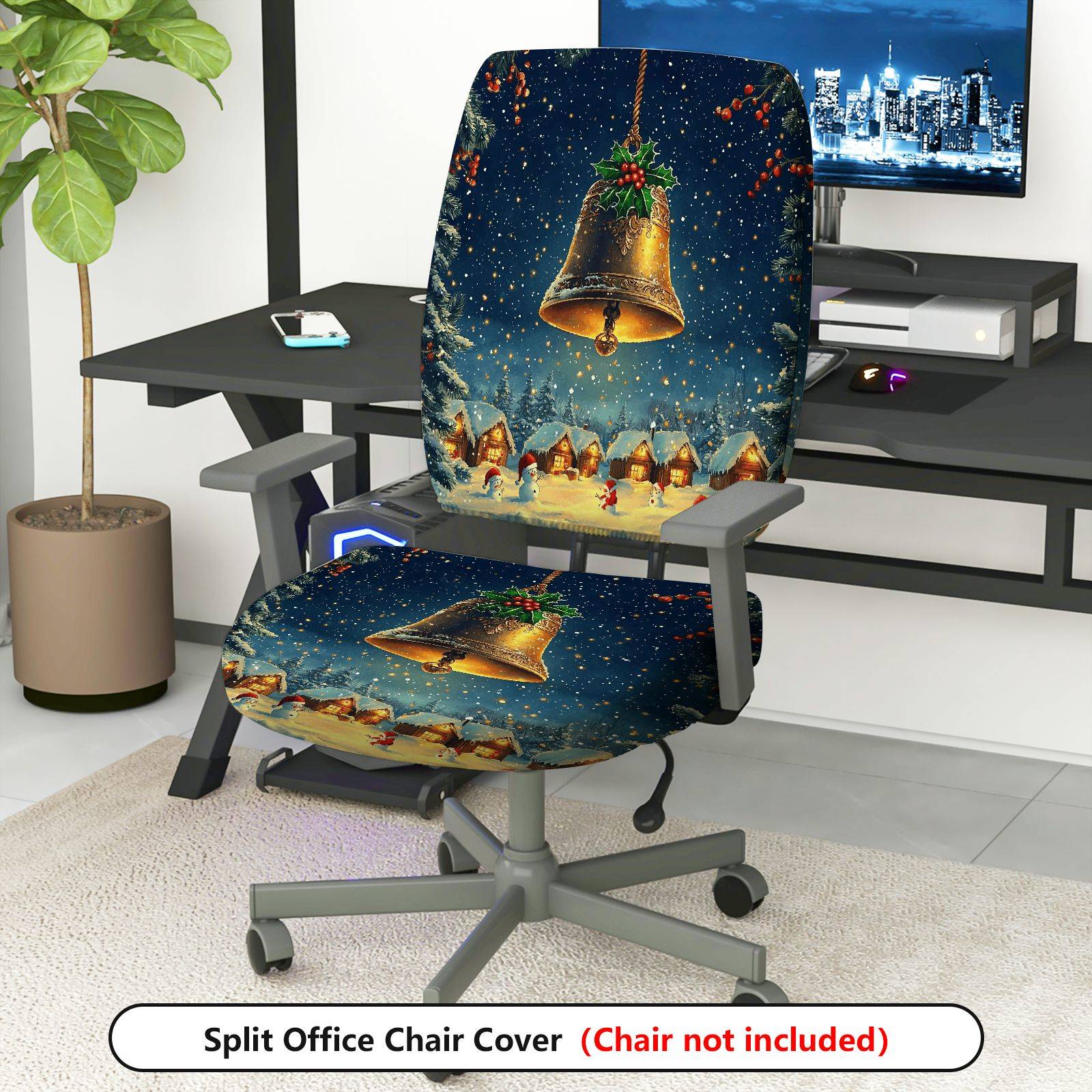 2-Piece Christmas Bell Winter Snow Holiday Decorative  Computer Chair Cover Set, Seat and Backrest