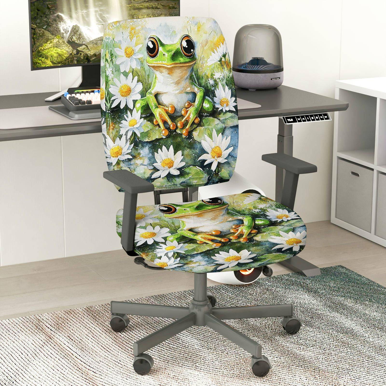 2-Piece Cute Frog Flower Nature Art Green  Computer Chair Cover Set, Seat and Backrest